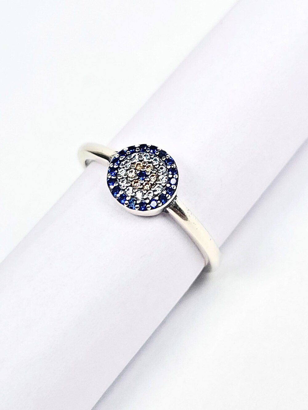 Ring Evil Eye Round Disc CZ Sparkling Blue White Rhodium 925 Sterling Silver #8